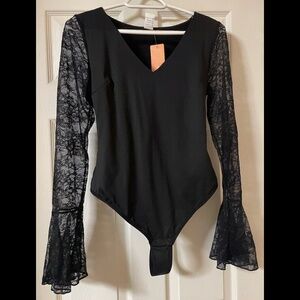 Tummy Control Lace Sleeve Thong Style Bodysuit